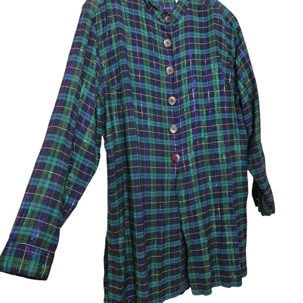 Victoria Jones Tunic Top Size 1X Green Metallic Front Buttons Plaid - Picture 2 of 15